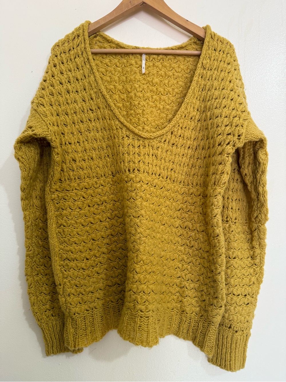 Free People Mustard Yellow Chunky Knit V-Neck Sweater